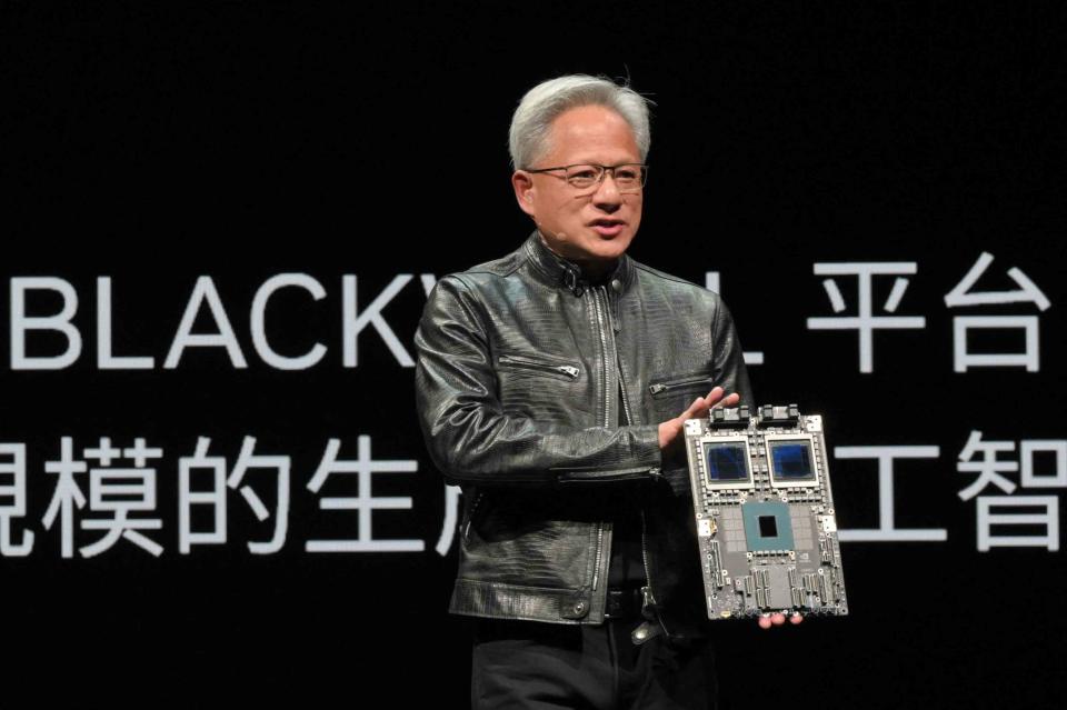 <p>Sam Yeh / AFP / Getty Images</p> Nvidia CEO Jensen Huang delivers his keystone speech ahead of Computex 2024 in Taipei on June 2, 2024.