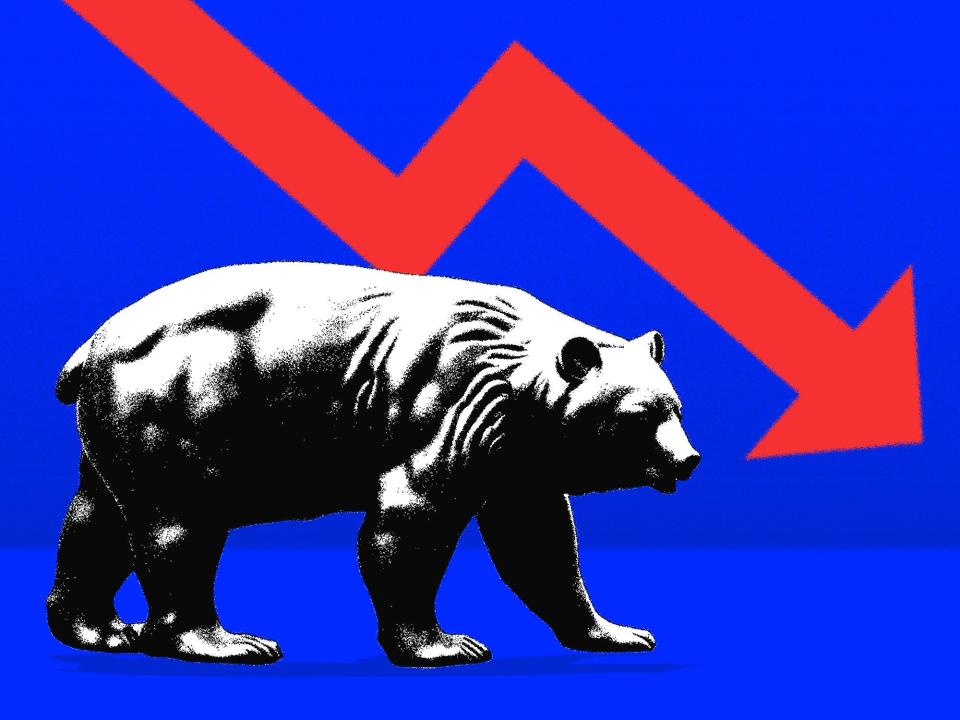 A bear with a downward stock arrow behind it