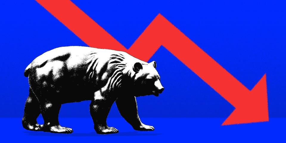 A bear with a downward stock arrow behind it