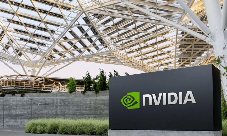 A photo of the front of Nvidia's headquarters with a black Nvidia sign in the foreground. 