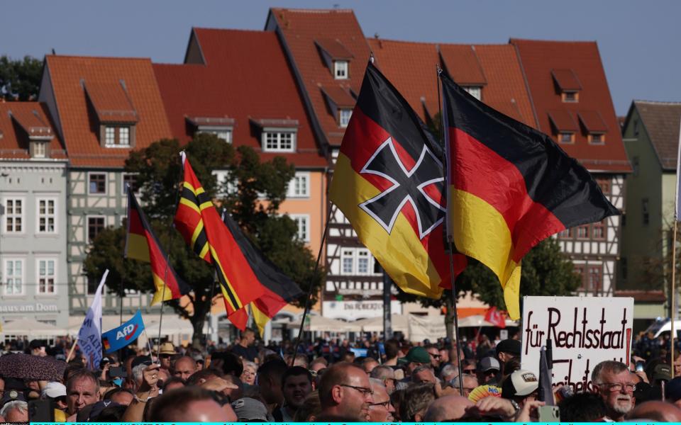 Supporters of the AfD party wave German flags, including one adorned with an Iron Cross, at a campaign rally on Aug 31