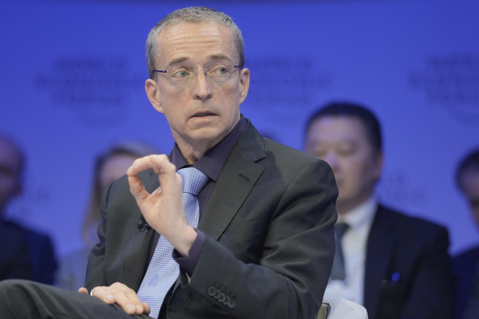 Pat Gelsinger, CEO of Intel Corporation takes part in a panel discussion at the Annual Meeting of World Economic Forum in Davos, Switzerland, Wednesday, Jan. 17, 2024. The annual meeting of the World Economic Forum is taking place in Davos from Jan. 15 until Jan. 19, 2024.(AP Photo/Markus Schreiber)