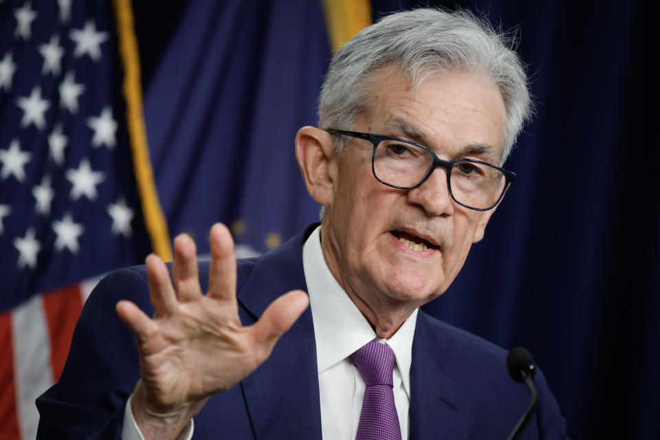 WASHINGTON, DC - MAY 01: Federal Reserve Bank Chair Jerome Powell announces that interest rates will remain unchanged during a news conference at the bank's William McChesney Martin building  on May 01, 2024 in Washington, DC. Following the regular two-day Federal Open Markets Committee meeting, Powell said the U.S. economy continues to show momentum and inflation has remained high in recent months, informing the Fed's decision to keep their current 5.33 percent rate setting. (Photo by Chip Somodevilla/Getty Images)