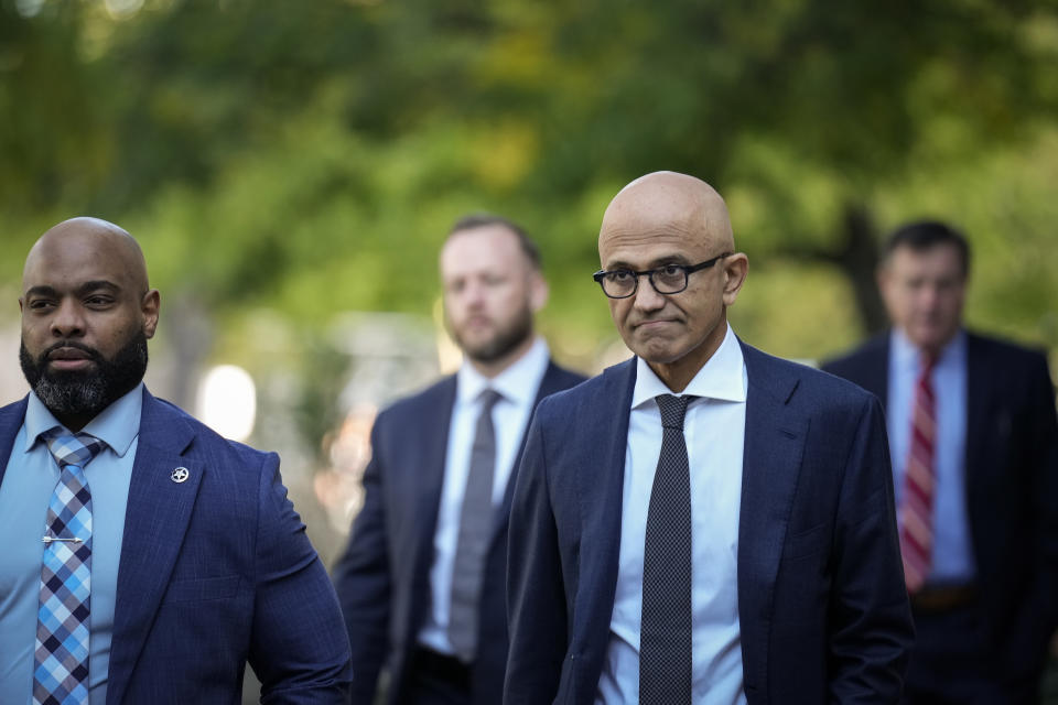 WASHINGTON, DC - OCTOBER 2: Microsoft CEO Satya Nadella (R) arrives at federal court on October 2, 2023 in Washington, DC. Nadella is testifying in the antitrust trial to determine if Alphabet Inc.'s Google maintains a monopoly in the online search business, which is expected to last into November. (Photo by Drew Angerer/Getty Images)