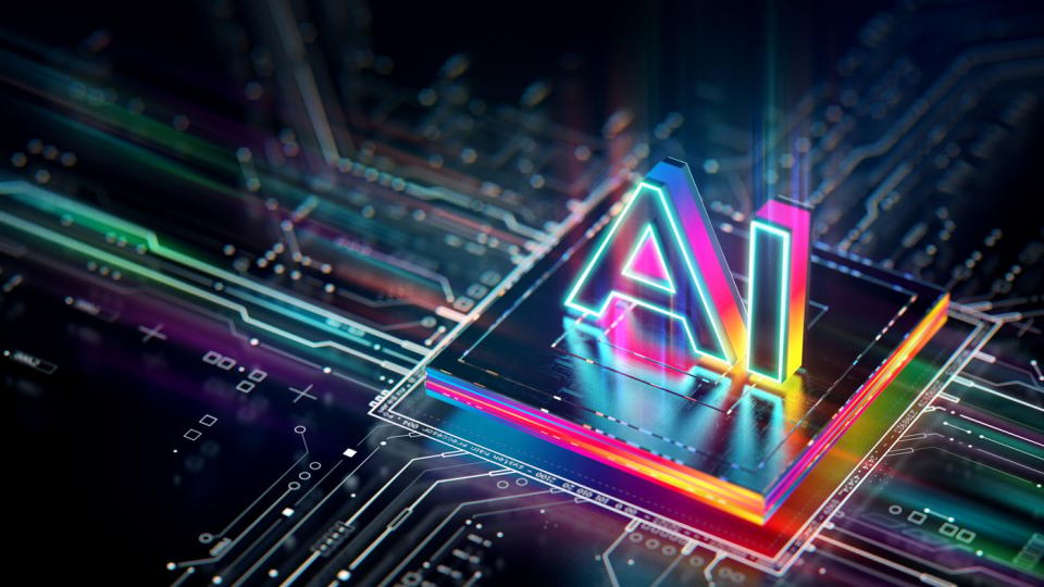 A graphic of a computer chip in a circuit with AI printed on top.