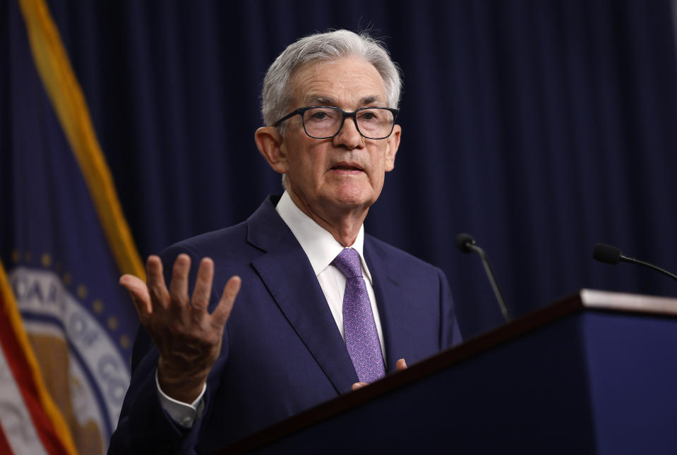 WASHINGTON, DC - JUNE 12: Federal Reserve Bank Chair Jerome Powell announces that interest rates will remain unchanged during a news conference at the Federal Reserves’s William McChesney Martin building on June 12, 2024 in Washington, DC. Following the two-day Federal Open Markets Committee meeting Powell said the Fed has decided to keep their current rate range of 5.25-5.50 percent and signaled that it believes long-run rates will stay higher than previously indicated.  (Photo by Kevin Dietsch/Getty Images)