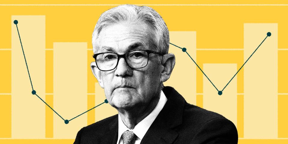 Jerome Powell in front of a bar and line graph