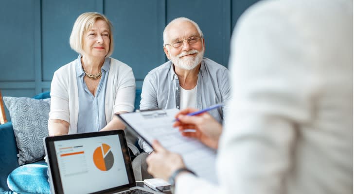 A retired couple meets with their financial advisor to talk about their income plan.