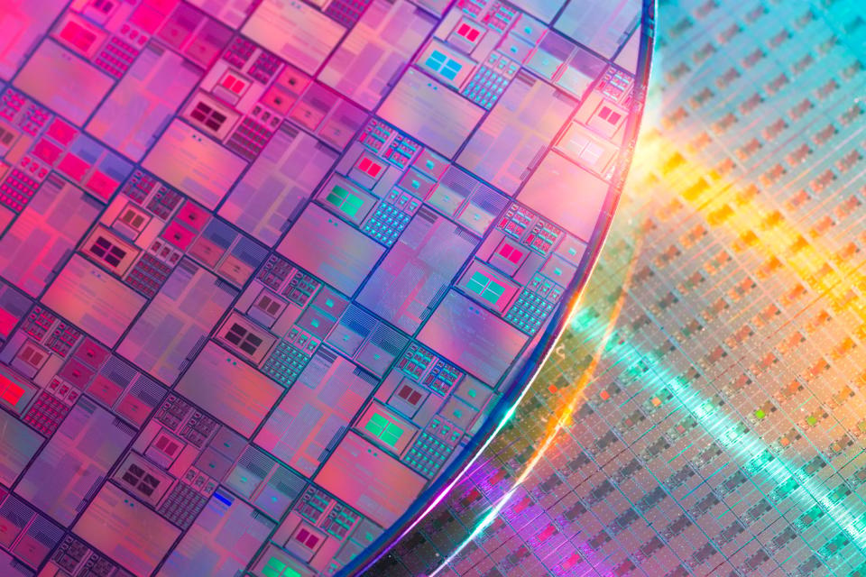 Silicon chips and microcircuits on a wafer.