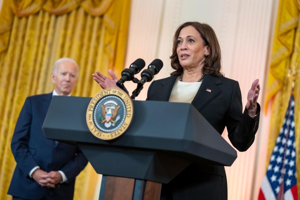 Vice President Kamala Harris delivering remarks in the East Room of the White House.