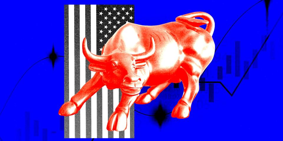 Red stock market bull overlaying the American flag and stock chart candles.