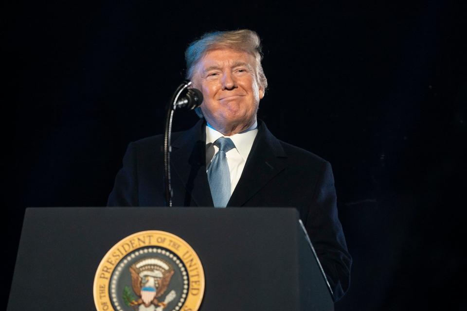 Former President Donald Trump delivering remarks. 