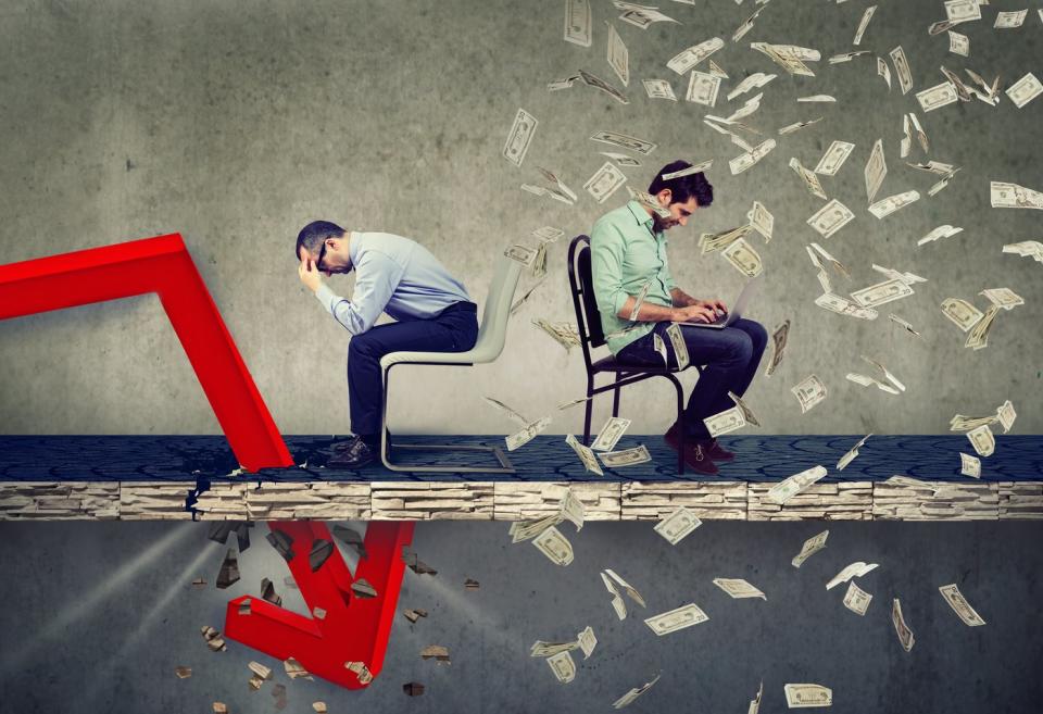 Two people sitting in chairs considering different investment decisions. One looks distraught; the other has money raining down on him. 