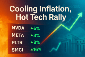 Financial graphic featuring the phrase 'Cooling Inflation, Hot Tech Rally' above a Nasdaq-inspired dashboard. Displays tickers NVDA, META, PLTR, and SMCI with green up arrows and gains (+6%, +3%, +8%, +16%). Background blends fiery orange into cool blue with a glowing line graph and a stylized Federal Reserve building.