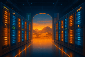 Futuristic AI data center in the Saudi desert, filled with glowing orange and blue GPU server racks labeled AMD and NVIDIA. The sunset casts a golden hue over distant dunes through a central archway, flanked by Saudi and U.S. flags.