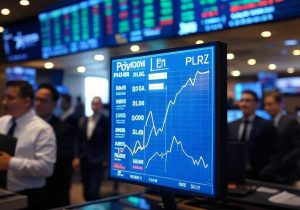 Stock market scene depicting a rapid price surge and subsequent decline for Polyrizon Ltd. (PLRZ), with glowing arrows showing the stock price starting at $0.64, reaching $1.01 on May 2, 2025, followed by a 1-for-10 reverse split, and closing at $0.59 by May 9, 2025, set against a modern stock exchange backdrop with digital ticker symbols. The peak at $1.01 pre-split is highlighted, along with the impact of the reverse split, trading volume indicators from 360.8 million shares on May 2 to 2.12 million shares on May 9, and price movement charts reflecting the dramatic rise and sharp reversal, emphasizing the impact of a Strong Buy alert from Stockburger News at $0.64.