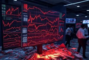 Chaotic stock market crash scene depicting a banking system collapse, with dramatic red and black graphs plummeting downward, scattered financial charts strewn across the floor, flickering digital screens displaying steep declines, and a tense atmosphere with blurred figures of traders in a modern exchange, emphasizing panic and instability.