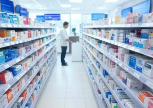 Modern pharmacy scene with neatly arranged shelves stocked with various medications, some with price tags showing dramatic reductions due to the executive order on prescription drug prices, vibrant lighting, and digital screens in the background displaying stock market reactions with fluctuating healthcare sector graphs, reflecting the day's volatility.