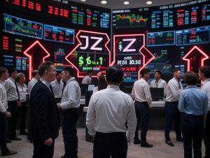 Stock market scene showcasing JZ stock's significant drop after a failed breakout, highlighting risks of speculative trading in low-float stocks, with glowing red arrows indicating a sharp decline for Jianzhi Education Technology (JZ) stock from $1.61 to $0.581 on May 8, 2025, set against a modern stock exchange backdrop with digital ticker symbols, elevated trading volume indicators, social media sentiment charts, and a price movement chart showing the rapid decline.
