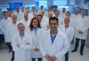 Inside a high-tech biotech lab on May 13, 2025, scientists are engaged in research on HCW9206 for CAR-T therapies, surrounded by cutting-edge equipment such as centrifuges and digital microscopes. Data screens show graphs of clinical trial success, while a festive mood is evident with a "FDA Registration Achieved!" sign, capturing the excitement of the milestone.