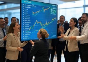 Vibrant stock market scene celebrating key market developments, showcasing glowing green and gold upward-trending graphs for the S&P 500, Dow Jones, India's Sensex, and Pakistan's KSE 100, with bright digital screens displaying rallies driven by the U.S.-China tariff truce, India-Pakistan ceasefire, and Japanese capital shift abroad, and an enthusiastic atmosphere of traders cheering in a modern exchange, emphasizing optimism and success.